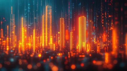 Fototapeta premium A creative bar chart where each bar is a glowing skyscraper, symbolizing growth