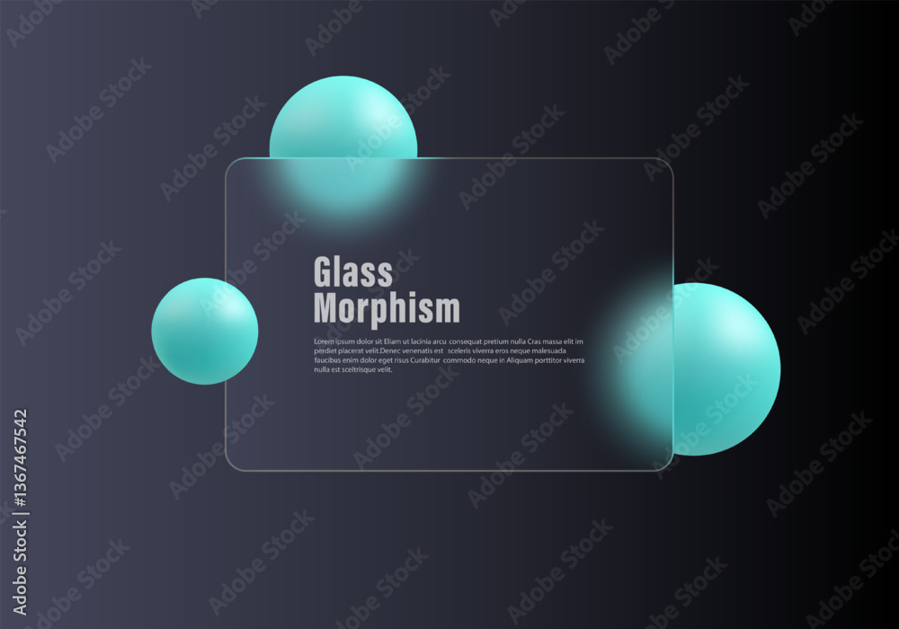 Poster gradient black background with transparent partition and floating spheres in glass morphism style. w