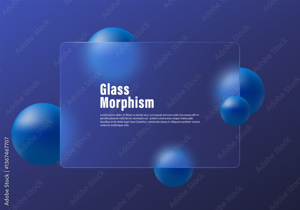 Wall mural dark blue background with transparent partition and floating spheres in glass morphism style. websit