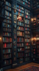 Elegant Library with Dark Wooden Shelves, Colorful Books, and Warm Lighting