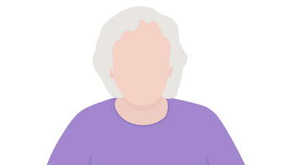 Minimalist illustration of an elderly woman with white hair wearing a purple top, depicted without facial features