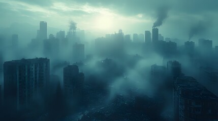 Fototapeta premium A modern city skyline devastated by a powerful earthquake with smoke rising from collapsed structures emergency sirens blaring chaotic yet visually stunning illustration high contrast and depth
