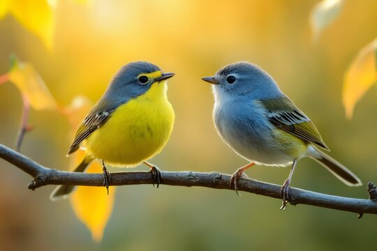 Tropical parula and nashville warbler perched on branch at sunset