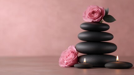 Serene Spa Scene Pink Roses and Stacked Black Stones