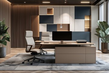 Modern Designer Office Desks and Chairs Featuring Distinctive Background Elements