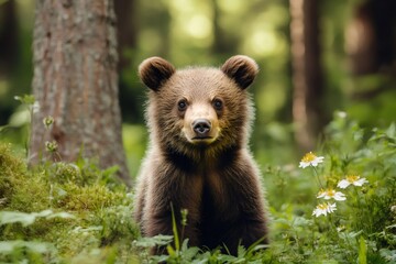 Obraz premium Brown bear cub sitting in the forest