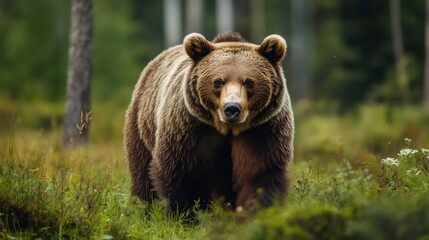 Brown bear walking in green forest, majestic wildlife encounter