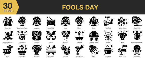 Fools Day solid icon set. Includes holiday, day, april, prank, comedy, party, and More. Solid icons vector collection