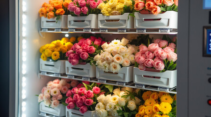 Bouquets of flowers in the cells of a flower vending machine. Self-service machine for selling gift bouquets of fresh flowers.