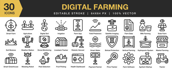 Fototapeta premium Digital Farming icon set. Editable Stroke Icon Collection. Includes agriculture, farm, digital, technology, farmer, and More. Outline icons vector collection.