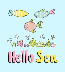 Colorful summer kids print featuring friendly sea life design. Vector illustration