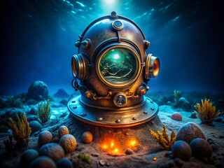 Deep Sea Diver Helmet: Nighttime Underwater Exploration Stock Photo