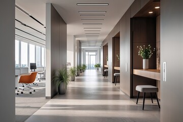 Fototapeta premium Spacious Contemporary Office Corridor Featuring Minimalist Design and Modern Furniture
