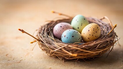 Obraz premium Delicate Bird Nest with Speckled Easter Eggs - Spring Macro Photography