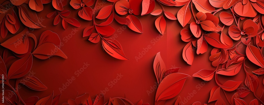 Poster red floral background with paper cut flowers and leaves creating a romantic frame