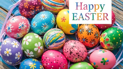 Obraz premium Vibrant Hand-Painted Easter Eggs with Unique Artistic Patterns Colorful Designs Arranged on Rustic Blue Wooden Surface with Festive Spring Elements for a Cheerful and Joyful Easter Holiday Celebration