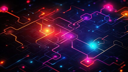 Obraz premium A colorful flowchart with glowing arrows and nodes interconnected by fine lines