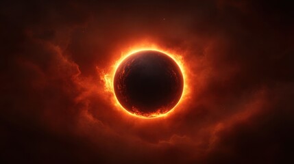 Naklejka premium Captivating Solar Eclipse Over Darkened Sky with Fiery Corona and Dramatic Clouds for Space and Astronomy Imagery