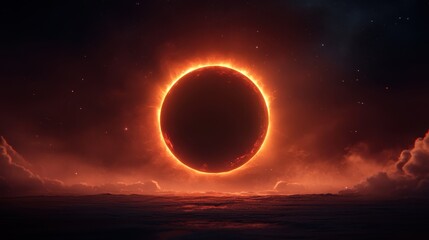 Obraz premium Breathtaking Celestial Event with Solar Eclipse Surrounded by Ethereal Clouds and a Dramatic Sunset Horizon in a Cosmic Landscape