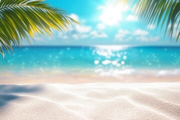 Tropical white sand beach Summer background with green palm leaf