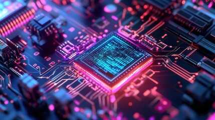 Fototapeta premium Quantum Computing AI Chip Visualizing Intelligence Under Blue Skies