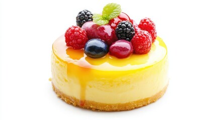 Attractive photo: lemon cheesecake with glossy marble finish and variety of fresh berries. Perfect dessert for photography.