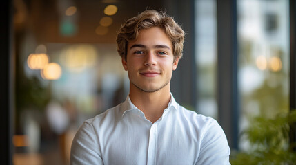Fototapeta premium Young man smiles confidently in modern urban setting