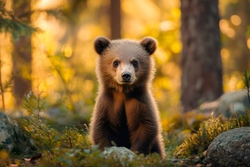 Obraz premium Brown bear cub sitting in forest during golden hour