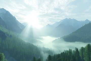 Scenic Mountain Valley View with Fog and Sunlight Streaming Through Trees