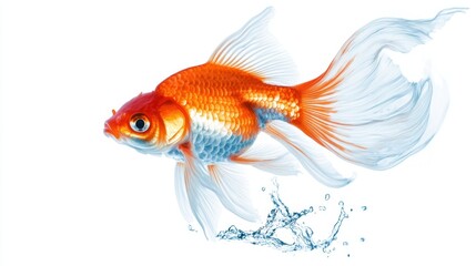 Vibrant Goldfish Swimming Gracefully Through Clear Water with Splashing Drops and Flowing Fins Capturing the Essence of Aquatic Beauty and Serenity