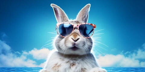 A happy, smiling rabbit wearing sunglasses and looking at the camera, with an Easter theme,