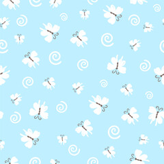 Soft design textile print with playful butterflies and swirls on a blue surface pattern. Vector illustration