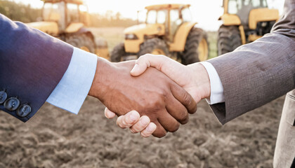 Two businessmen shaking hands to close a deal for agricultural machinery.
