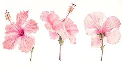 Fototapeta premium Elegant Watercolor Illustration of Three Pink Hibiscus Flowers with Delicate Petals on a Light Background