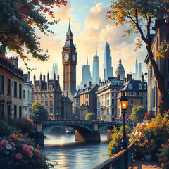 Fototapeta premium Beautiful cityscape with a bridge running through the city