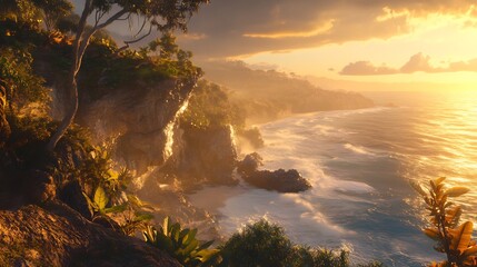 Wild rugged coastal cliffs unique erosion patterns golden light illuminating the scene lush plant growth adding color to the landscape rolling ocean waves in the distance ultra HD realistic textures