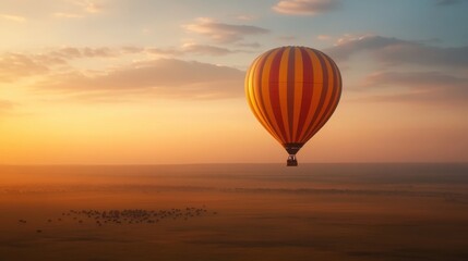 Obraz premium Hot air balloon soaring over golden plains at sunrise, vibrant colors, peaceful landscape, adventure in the sky, breathtaking aerial view, tranquil morning scene