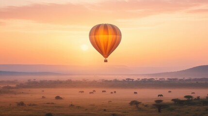 Obraz premium Hot Air Balloon Floating Above Savannah at Sunrise with Silhouetted Elephants in the Background and Soft Mist Rising from the Ground