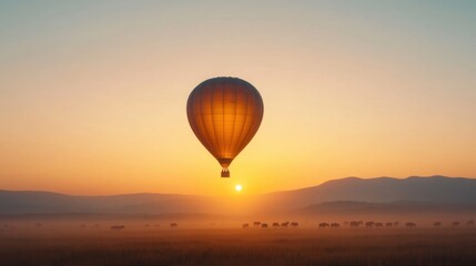 Obraz premium Majestic Hot Air Balloon Floating Above Golden Fields at Sunrise with Silhouetted Elephants in the Background and a Serene Mountain Range