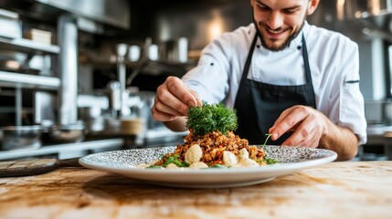 Chef thoughtfully garnishing a gourmet dish in a modern kitchen with fresh herbs and vibrant ingredients