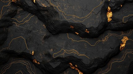 Obraz premium Abstract Topographic Map with Black and Gold Texture Displaying Flowing Lines and Natural Elements