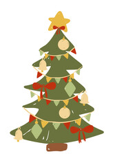 Christmas tree with vibrant ornaments and ribbons for holiday cheer. vector illustration