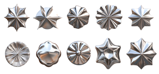 Star-shaped discs in silver plate with a domed design on a transparent background png