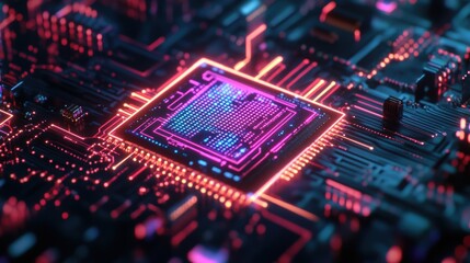 Obraz premium Quantum Computing AI Chip Visualizing Intelligence Under Blue Skies