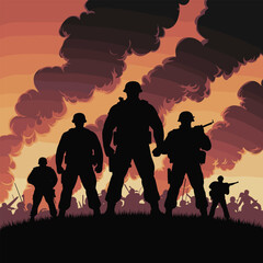 Fototapeta premium Brave War Warrior Silhouette Vector Art – Fist and Flag Raised, Battle Victory, and Explosion Effect