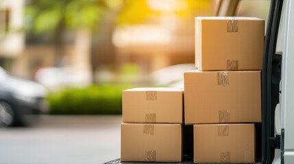 Delivery Service with Brown Boxes Loaded in Delivery Truck on City Street During Sunlight