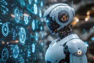Fototapeta premium A sleek humanoid robot stands against a backdrop of futuristic digital displays, embodying advanced technology.