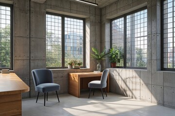 Fototapeta premium Airy Corner in Sophisticated Concrete Office with Large Leaded Windows - 3D Rendering Mockup