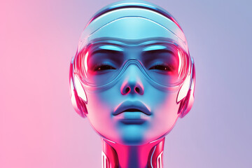 A sleek, futuristic robot face shines with colorful lights, representing the union of technology and human aesthetics.