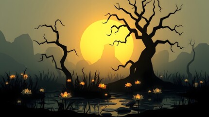An illustration of a spooky landscape with full moon backlights gnarled trees surrounding a pond.